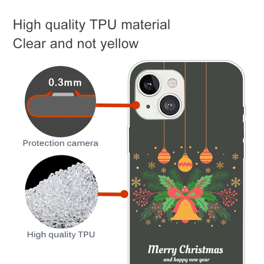 iPhone 15 Fleksibelt Plast Bagside Jule Cover - Merry Christmas - Julekrans og Juleklokke