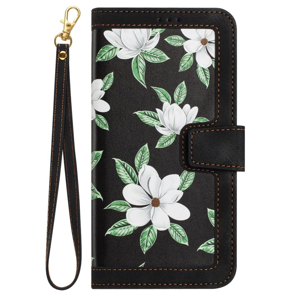 Samsung Galaxy S24 Ultra Læder Flip Cover m. Pung & Strop - Sort m. Blomster