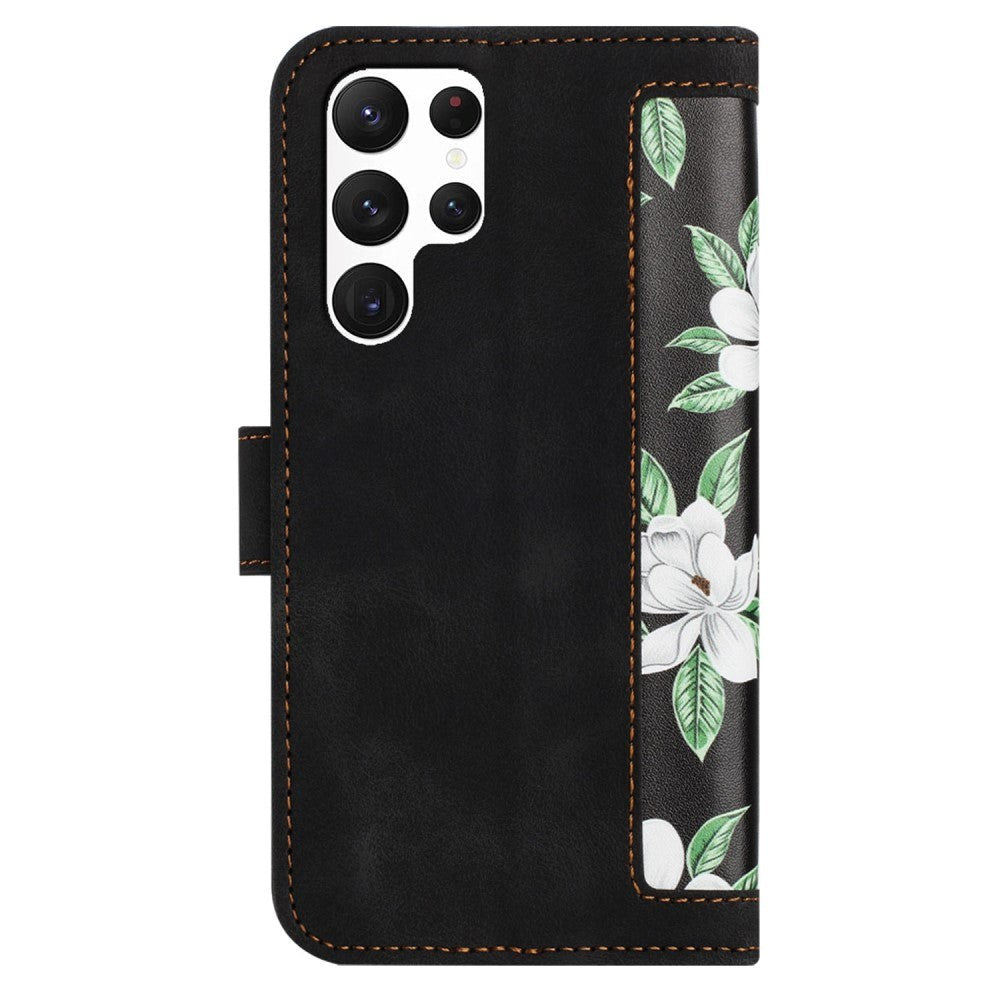 Samsung Galaxy S24 Ultra Læder Flip Cover m. Pung & Strop - Sort m. Blomster