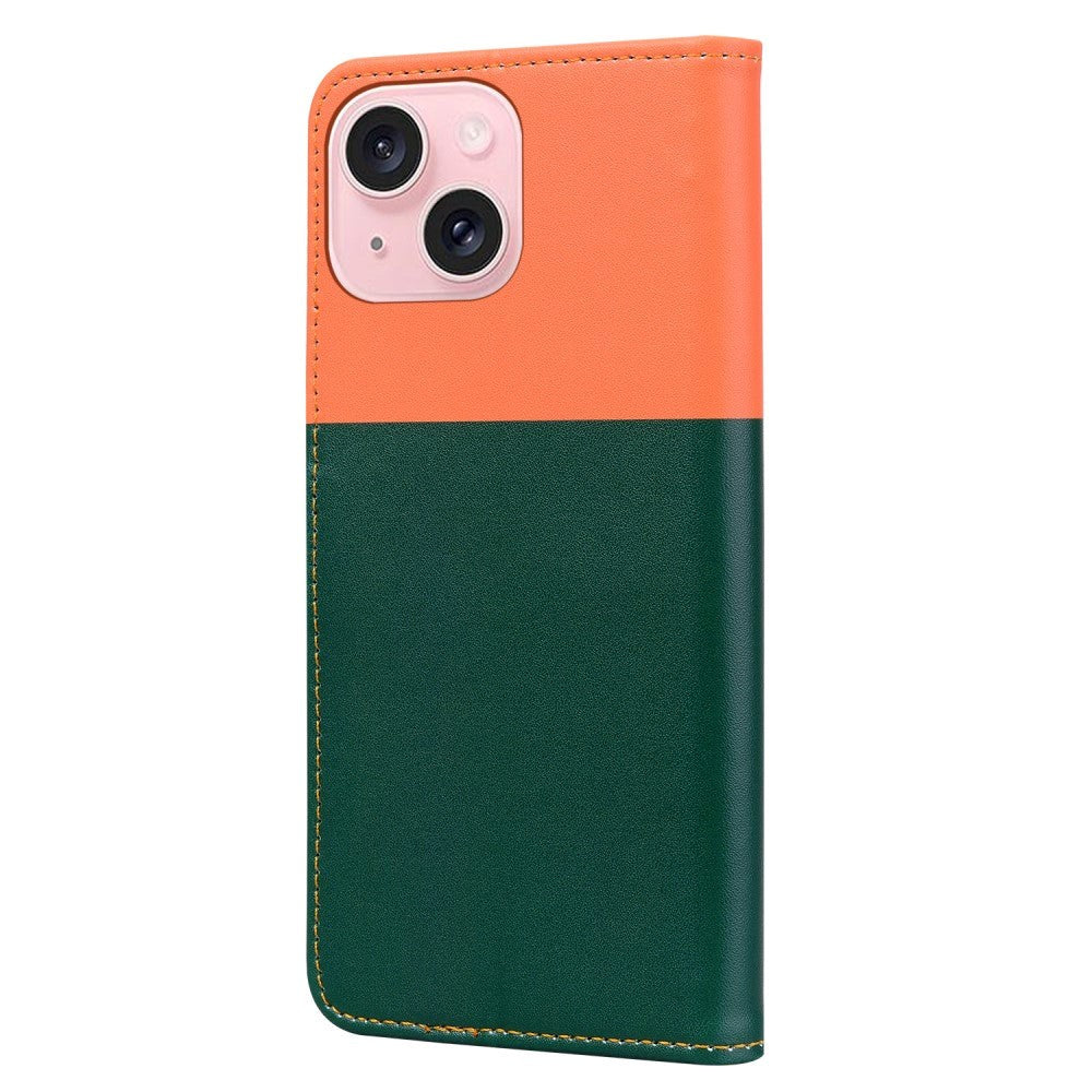 iPhone 15 Flip Cover m. Strop / Ståfunktion / Kortholder - Orange / Grøn (Katte)