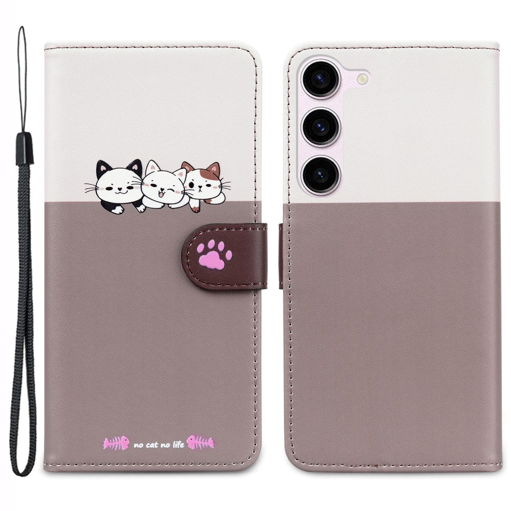 Samsung Galaxy S24+ (Plus) Flip Cover m. Strop / Ståfunktion / Kortholder - Hvid / Brun (katte)