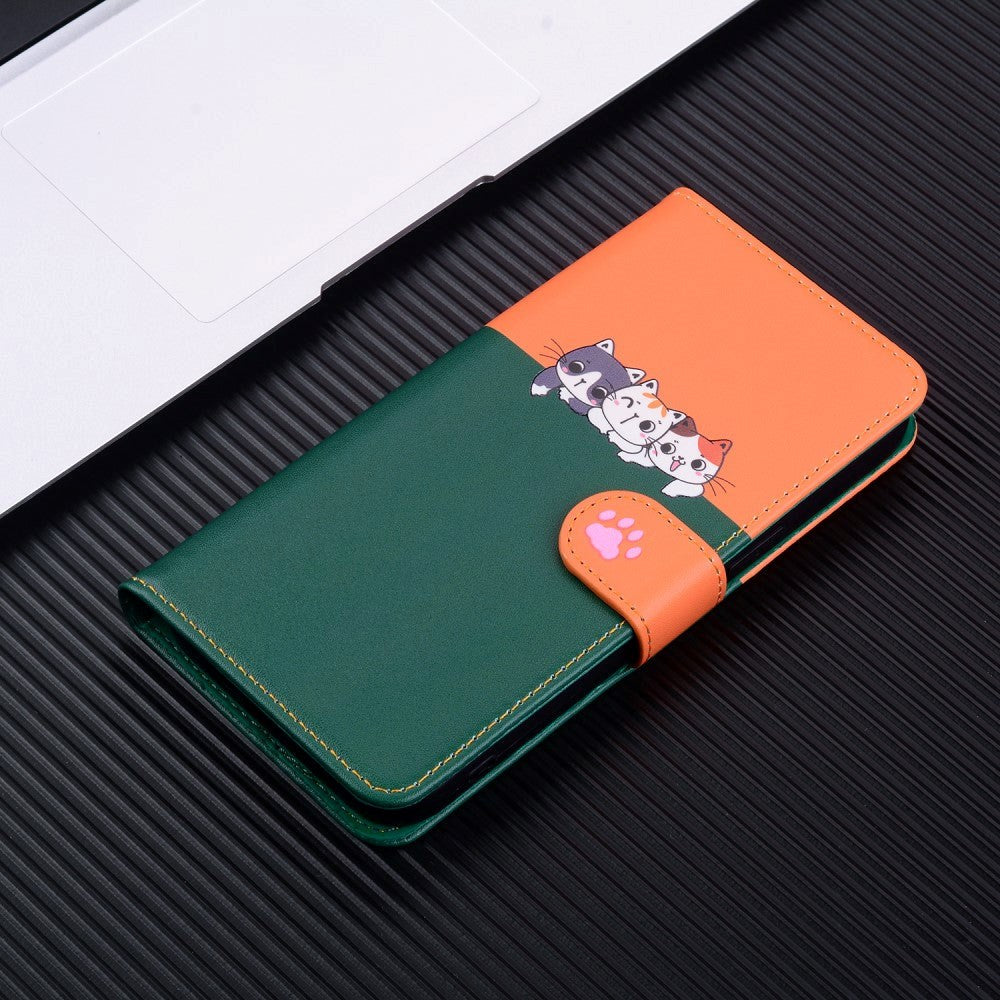 Samsung Galaxy A54 (5G) Flip Cover m. Strop / Ståfunktion / Kortholder - Orange / Grøn (Katte)