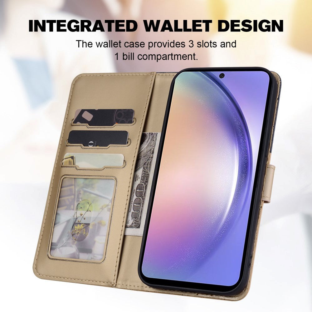 Samsung Galaxy A54 (5G) Flip Cover m. Strop / Ståfunktion / Kortholder - Blå / Brun (Hunde)