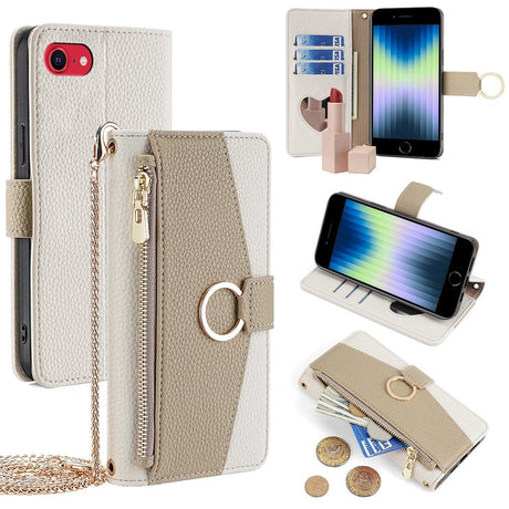 iPhone SE (2022 / 2020) / 8 / 7 Læder 2-i-1 Flip Cover m. Pung & Crossbody Taske Funktion - Creme