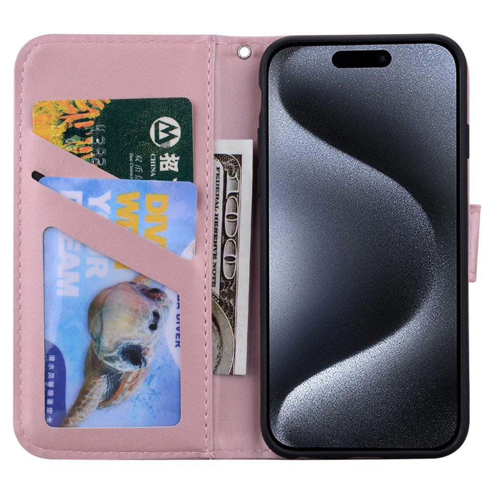 iPhone 15 Pro Flip Cover m. Strop / Ståfunktion / Kortholder - Pink (Kanin)