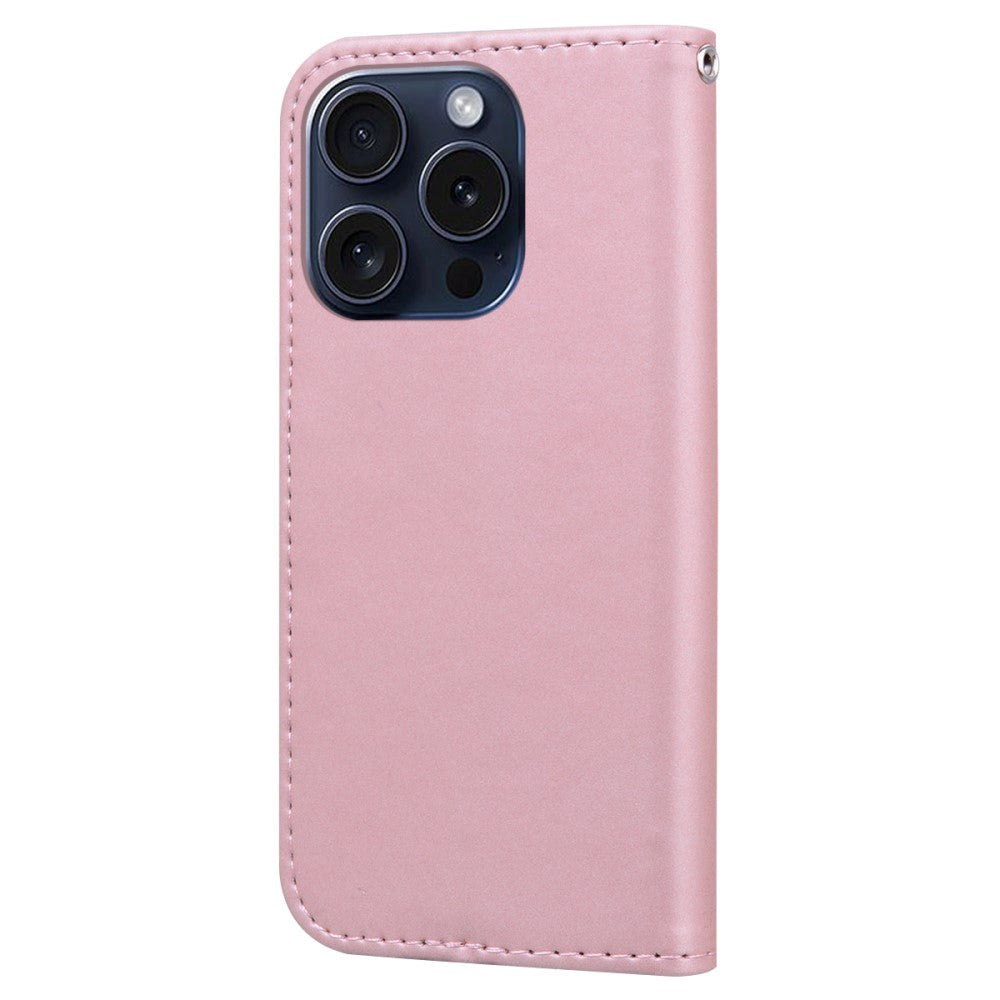 iPhone 15 Pro Flip Cover m. Strop / Ståfunktion / Kortholder - Pink (Kanin)