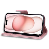 iPhone 15 Flip Cover m. Strop / Ståfunktion / Kortholder - Pink (Kanin)