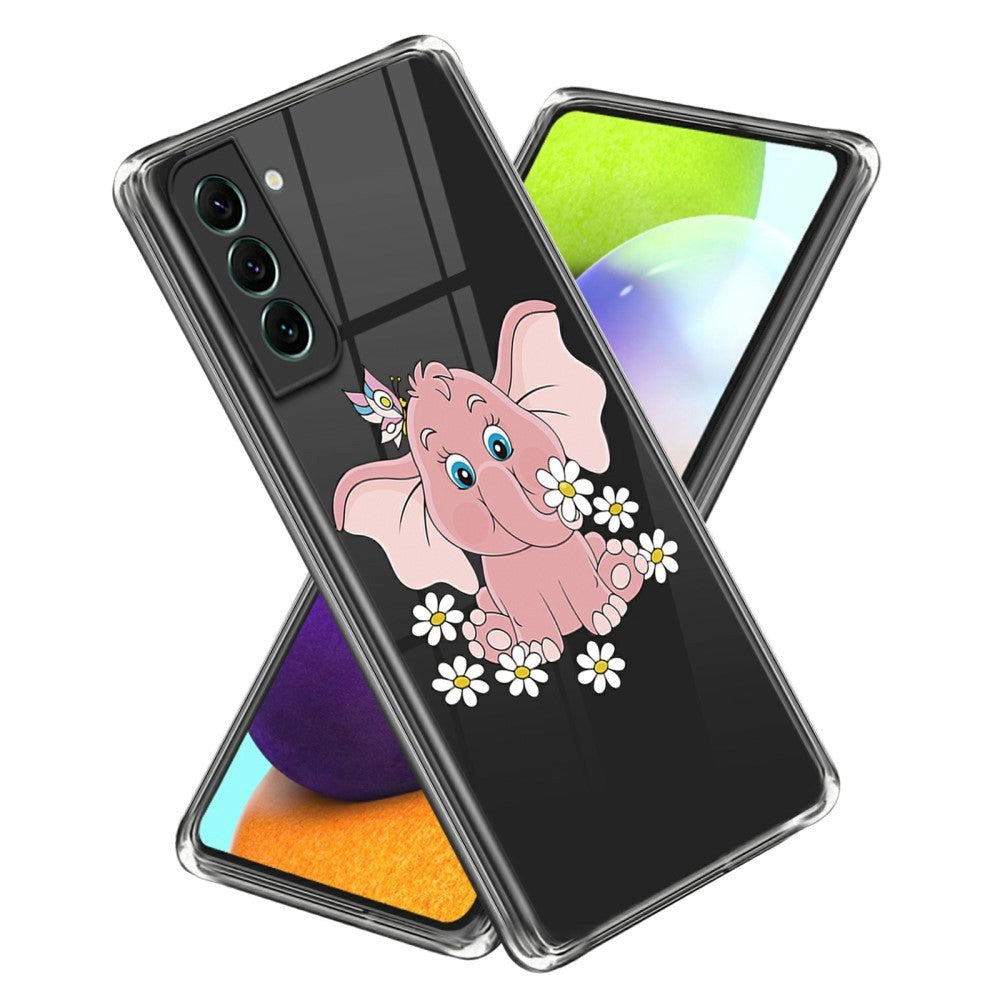 Samsung Galaxy S24 Plastik Transparent Bagside Cover m. Motiv - Lyserød Elefant