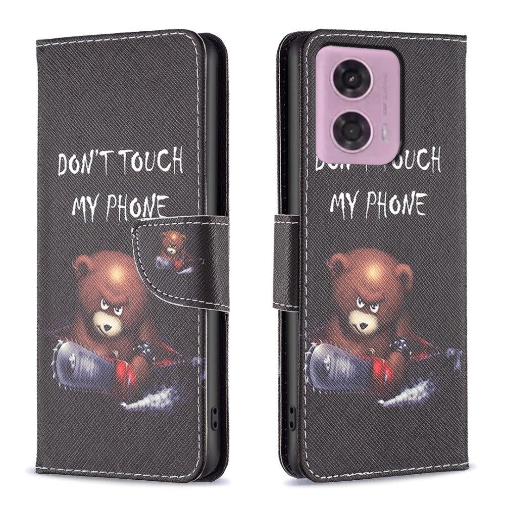 Motorola Moto G34 Læder Flip Cover m. Pung & Print - "Don't Touch My Phone" - Bjørn