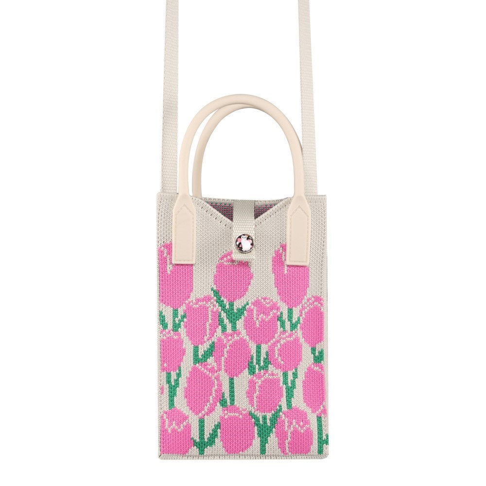 Strikket Crossbody Skuldertaske (180 x 120 mm) - Pink Blomster