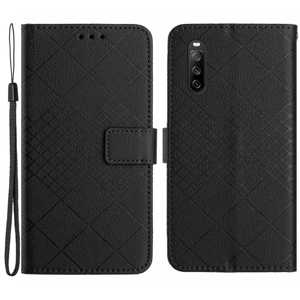 EIDERWOOD Sony Xperia 10 VI Læder Flip Cover m. Pung & Strop - Rombe Indgravering - Sort