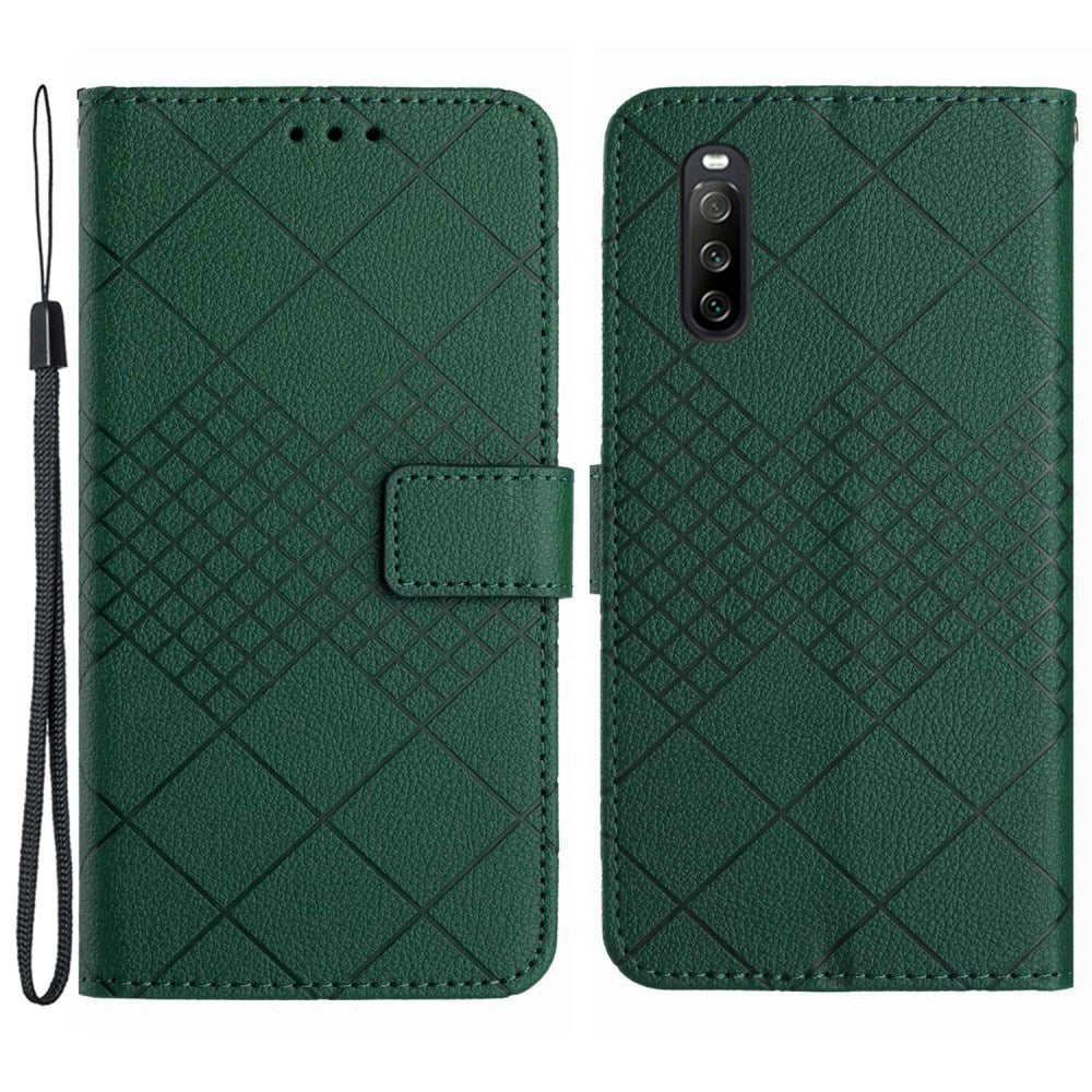 EIDERWOOD Sony Xperia 10 VI Læder Flip Cover m. Pung & Strop - Rombe Indgravering - Grøn