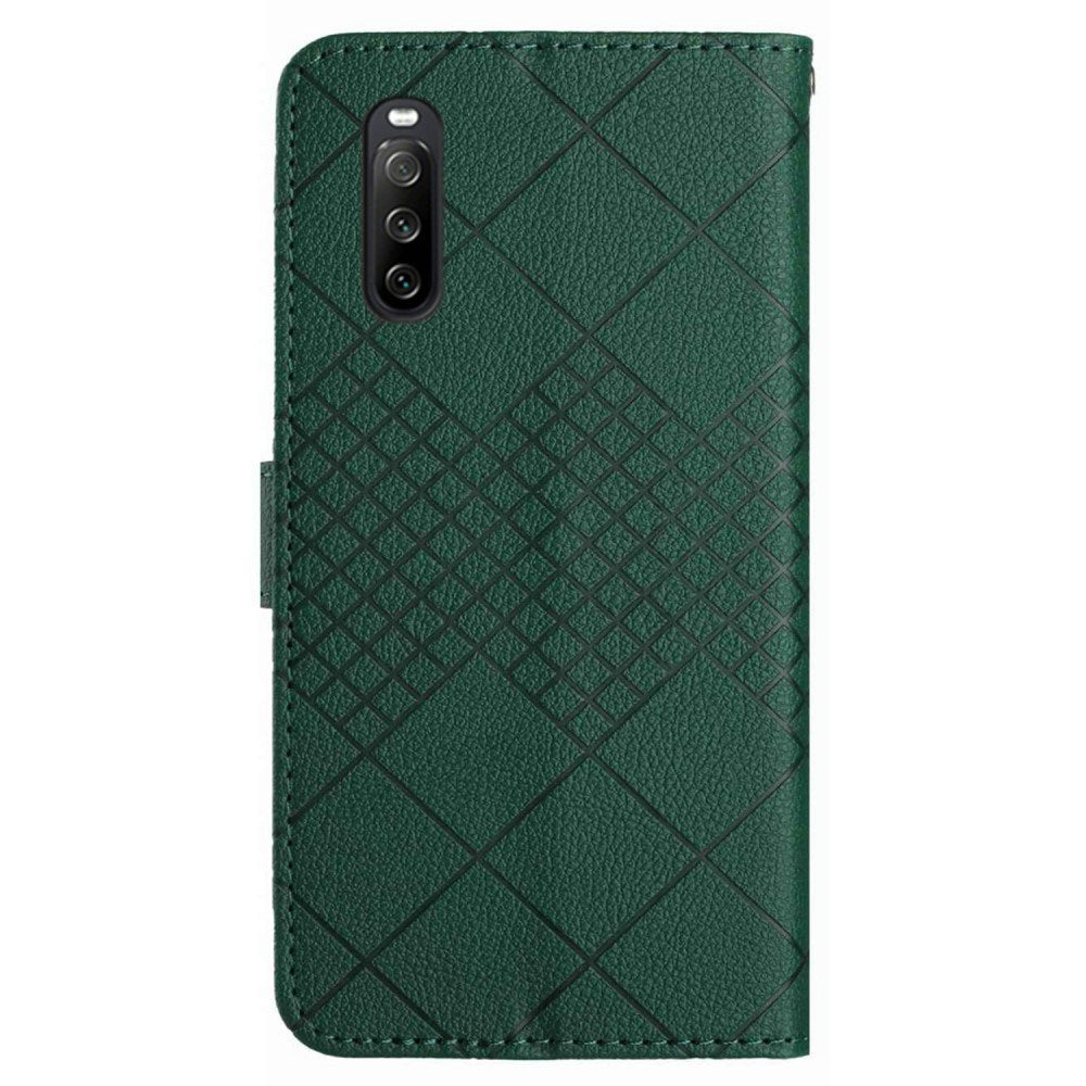 EIDERWOOD Sony Xperia 10 VI Læder Flip Cover m. Pung & Strop - Rombe Indgravering - Grøn