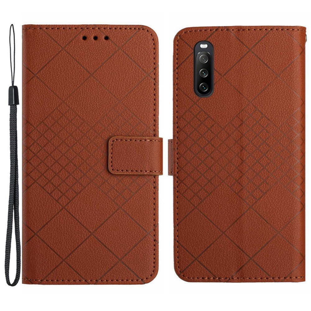 EIDERWOOD Sony Xperia 10 VI Læder Flip Cover m. Pung & Strop - Rombe Indgravering - Brun