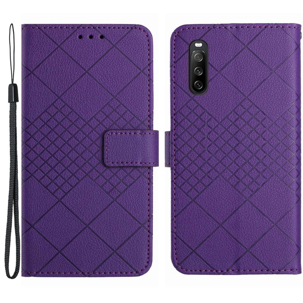 EIDERWOOD Sony Xperia 10 VI Læder Flip Cover m. Pung & Strop - Rombe Indgravering - Lilla