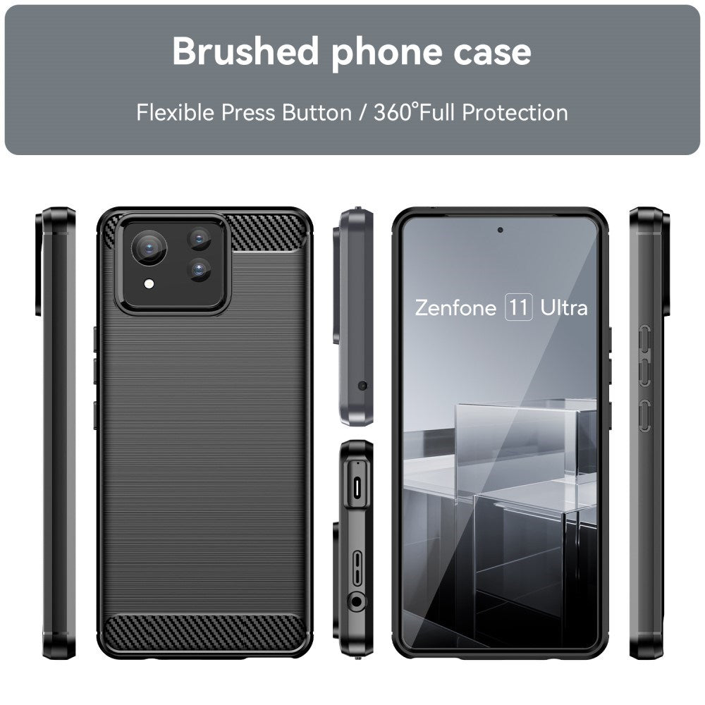 EIDERWOOD Asus Zenfone 11 Ultra Brushed Carbon Fiber Fleksibelt Plastik Bagside Cover - Sort