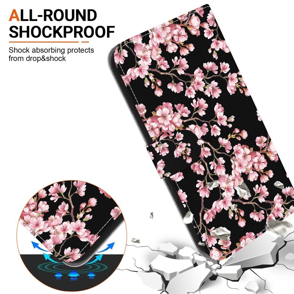 EIDERWOOD iPhone 16e Kunst Læder Flip Cover m. Pung & Strop - Sort med Blomster