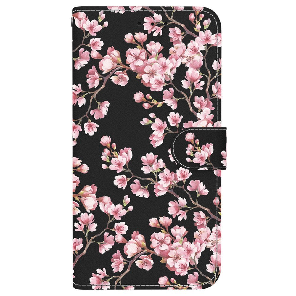 EIDERWOOD iPhone 16e Kunst Læder Flip Cover m. Pung & Strop - Sort med Blomster