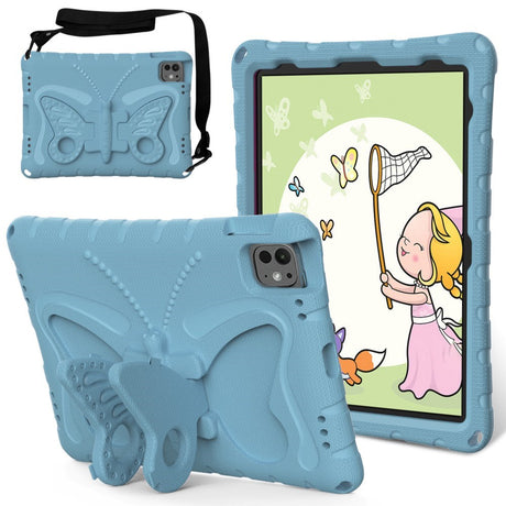 EIDERWOOD iPad Pro 11" (2024) Butterfly Kickstand Børne Cover m. Skulderstrop - Lyseblå