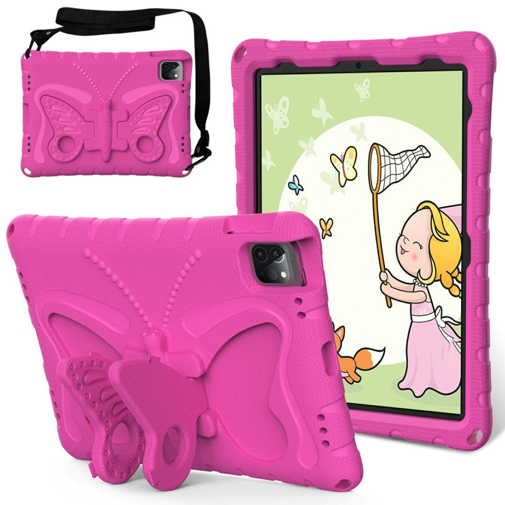 EIDERWOOD iPad Air / Pro 13" (2024) / Pro 12.9" (2022-2018) Butterfly Kickstand Børne Cover m. Skulderstrop - Lyserød