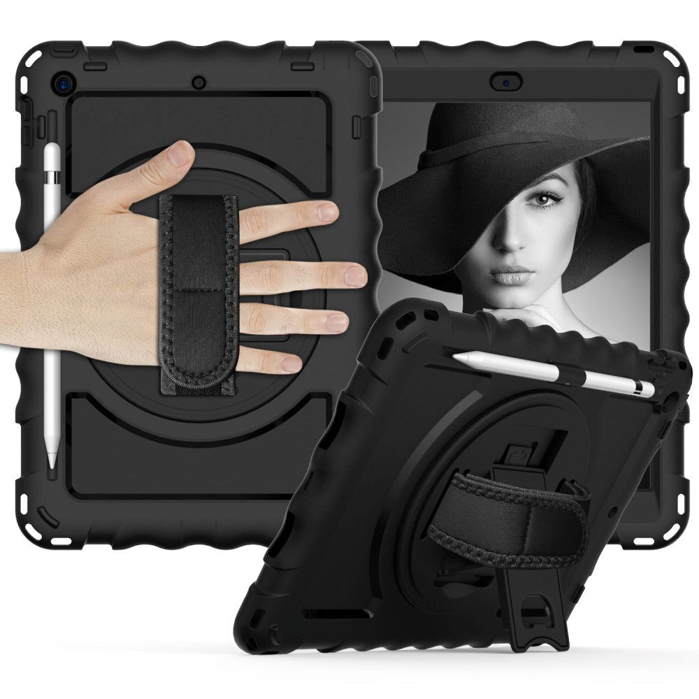 iPad 10.2" (2021 / 2020 / 2019) Håndværker Bagside Cover m. Håndholder, Kickstand & Apple Pencil Holder - Sort