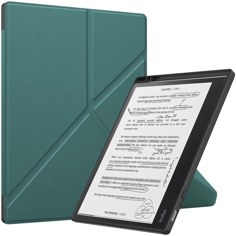 EIDERWOOD Kobo Elipsa 2E Origami Kunstlæder Flip Cover m. Pen Holder - Grøn