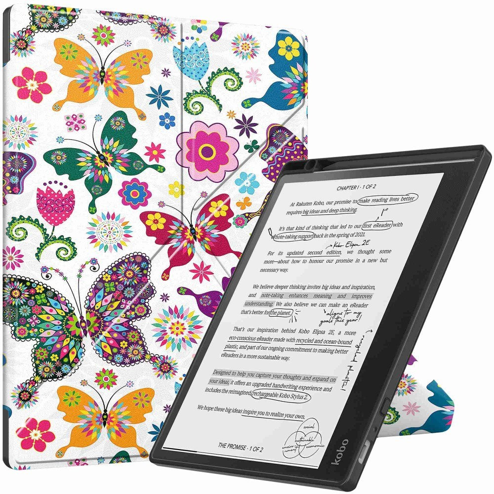 EIDERWOOD Kobo Elipsa 2E Origami Læder Flip Cover m. Pen Holder - Farverige Sommerfugle og Blomster