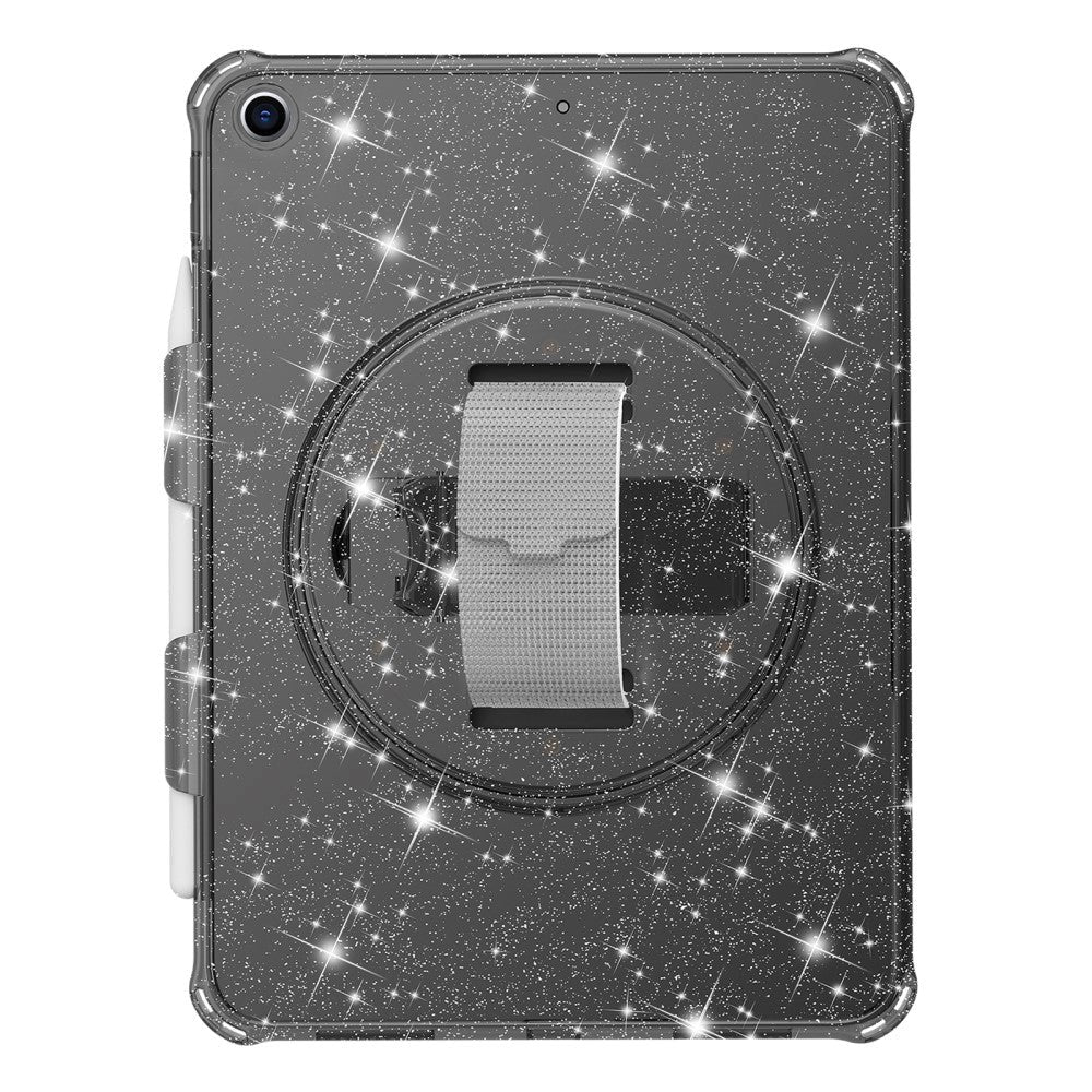 iPad 10.2" (2021 / 2020 / 2019) Hårdt Plastik Bagside Cover m. Håndholder, Kickstand & Skulderstrop - Gennemsigtig / Glitter Sort