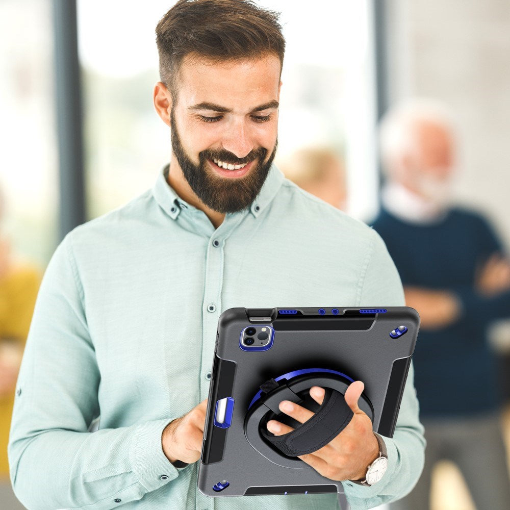 EIDERWOOD iPad Air 10.9-11" (2025-2020) / Pro 11" (2022-2018) Håndværker Cover m. Beskyttelsesfilm & Håndholder - Sort / Koboltblå