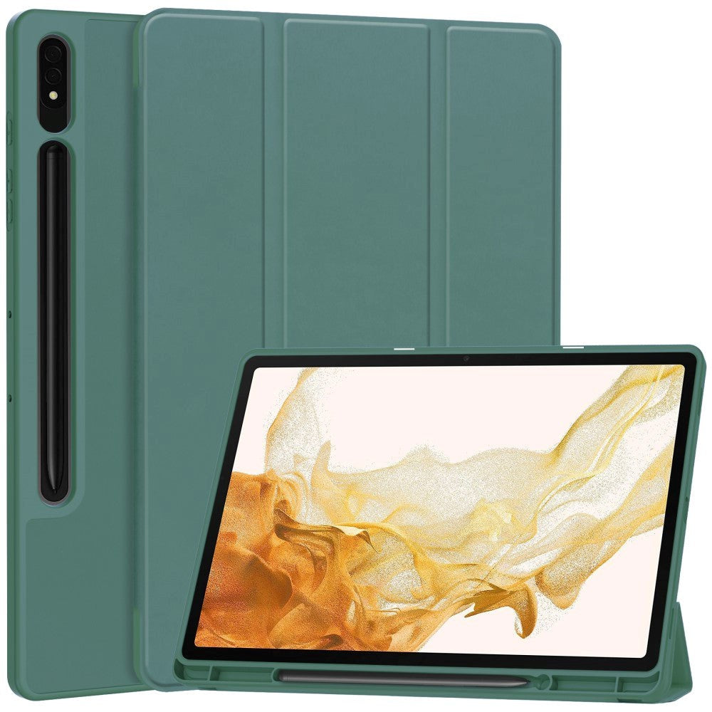 Samsung Galaxy Tab S9+ (Plus) Magnetisk Tri-Fold Læder Flip Cover m. Pencil Holder - Mørkegrøn