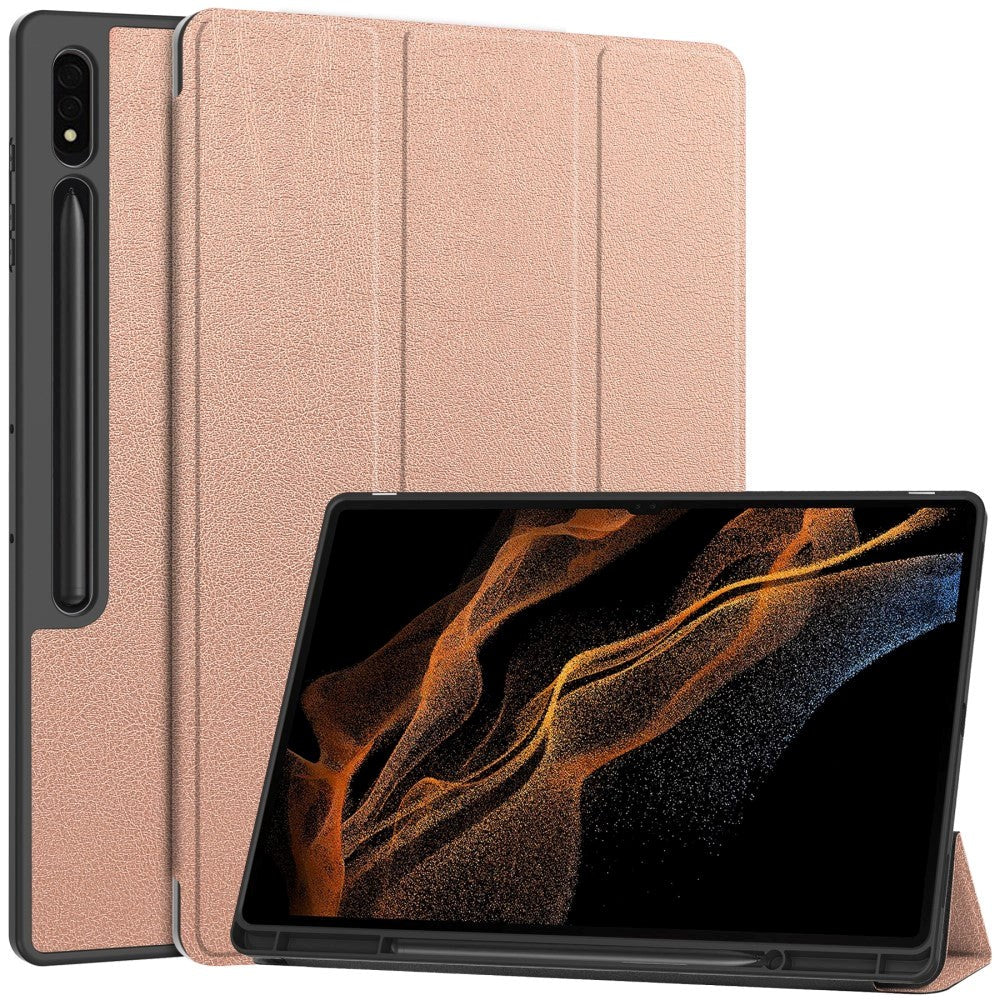 Samsung Galaxy Tab S9 Ultra Tri-Fold Læder Flip Cover m. Standerfunktion & Pencil Holder - Rose Gold