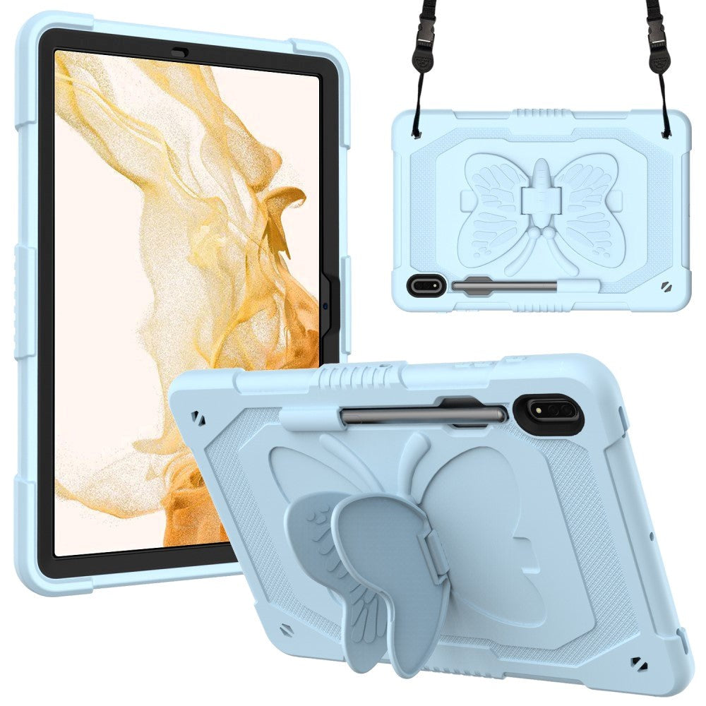 Samsung Galaxy Tab S9+ (Plus) Butterfly Kickstand Børne Cover m. Skulderstrop - Blå