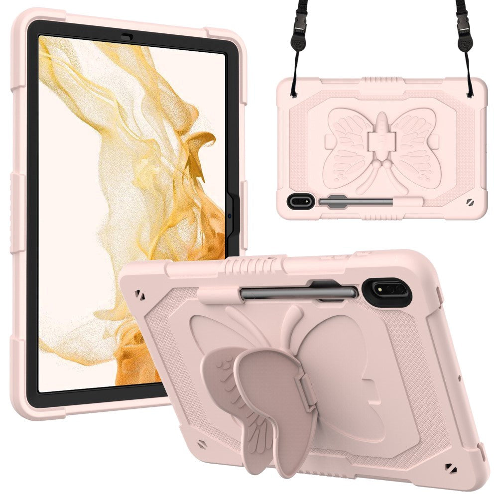 Samsung Galaxy Tab S9+ (Plus) Butterfly Kickstand Børne Cover m. Skulderstrop - Lyserød