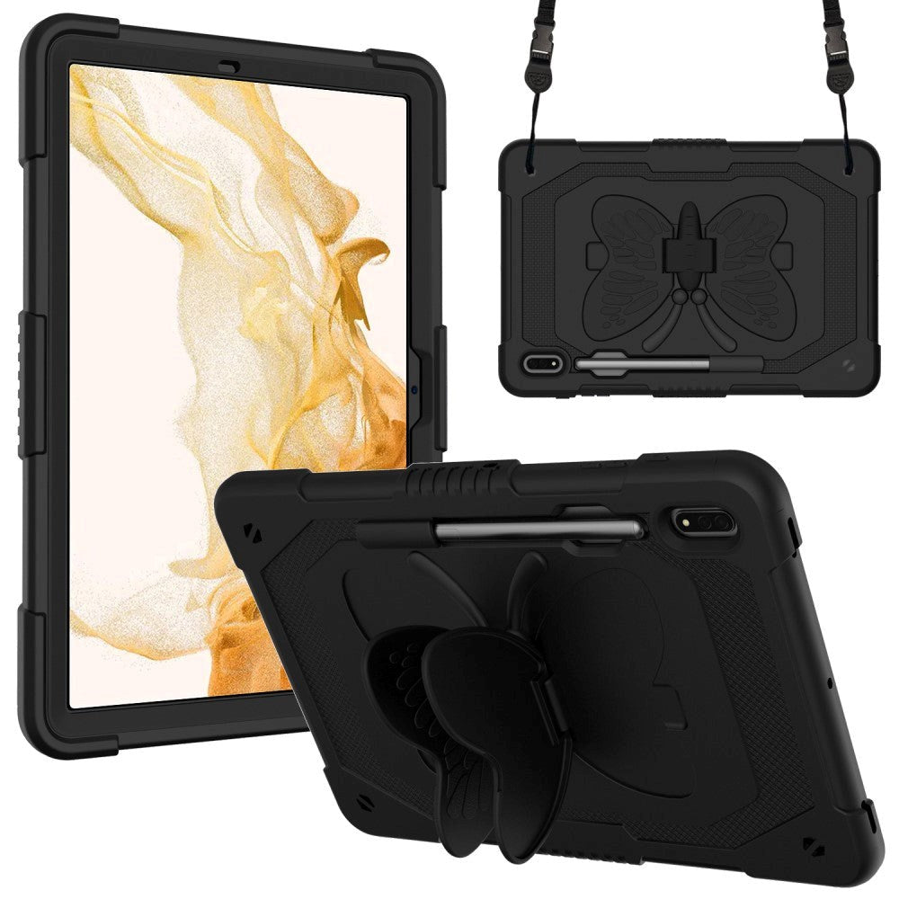 Samsung Galaxy Tab S9+ (Plus) Butterfly Kickstand Børne Cover m. Skulderstrop - Sort