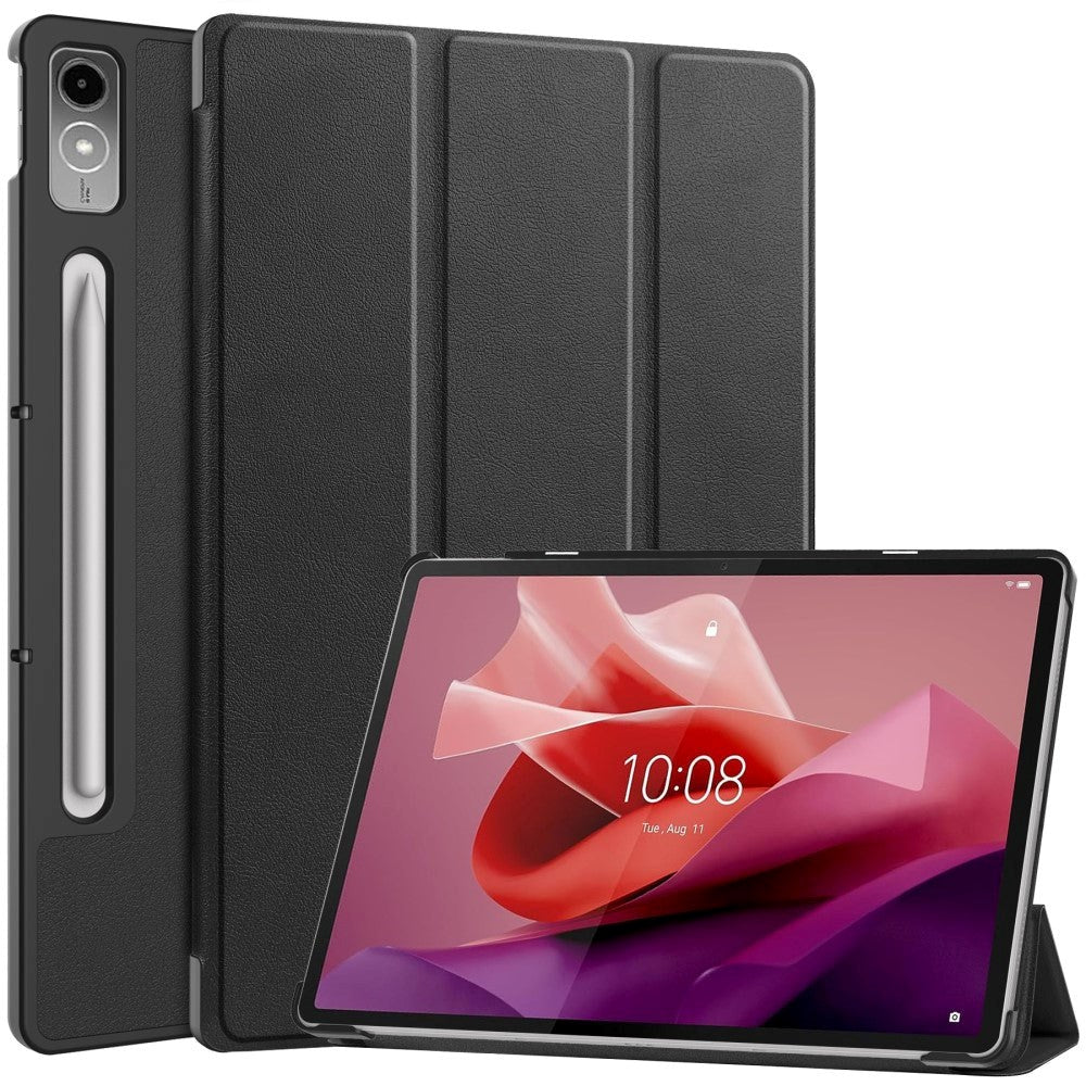 Lenovo Tab P12 Magnetisk Tri-Fold Læder Flip Cover m. Pencil Holder - Sort