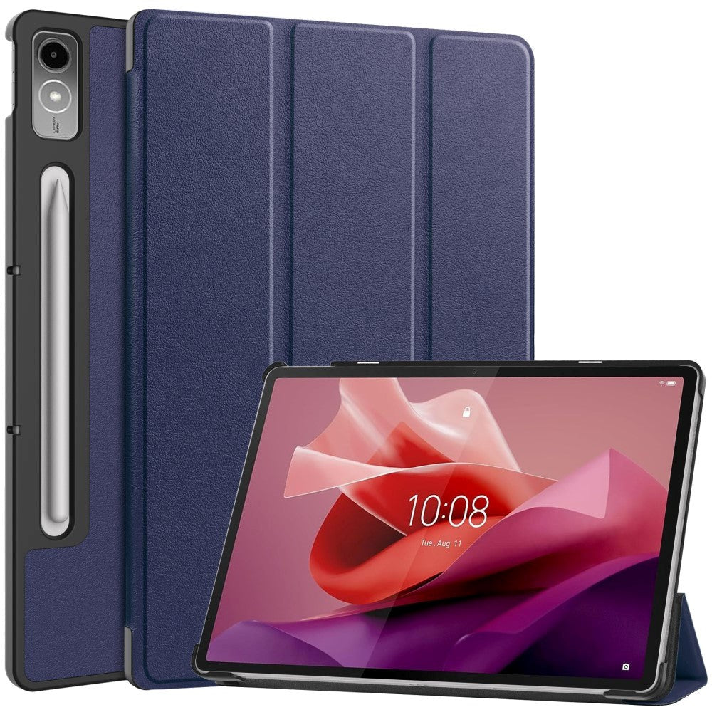 Lenovo Tab P12 Magnetisk Tri-Fold Læder Flip Cover m. Pencil Holder - Mørkeblå