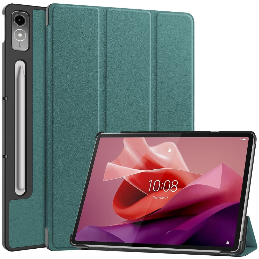 Lenovo Tab P12 Magnetisk Tri-Fold Læder Flip Cover m. Pencil Holder - Grøn