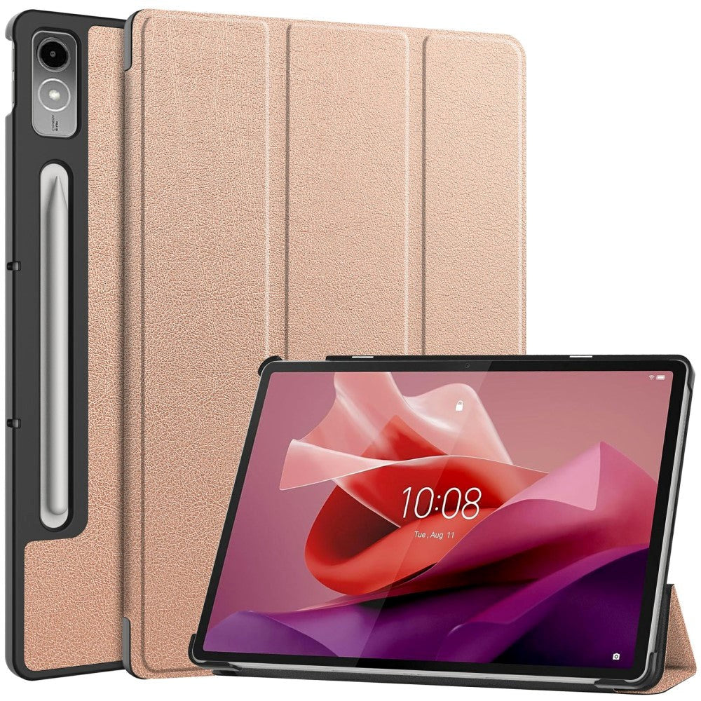 Lenovo Tab P12 Magnetisk Tri-Fold Læder Flip Cover m. Pencil Holder - Rose Gold