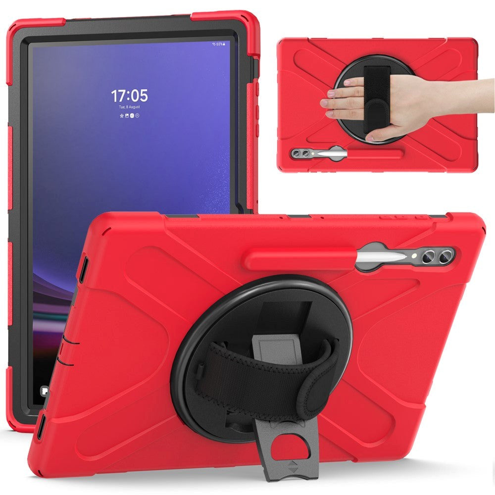 Samsung Galaxy Tab S9 Ultra / S8 Ultra Håndværker Bagside Cover m. Håndholder, Kickstand & Pencil Holder - Rød / Sort