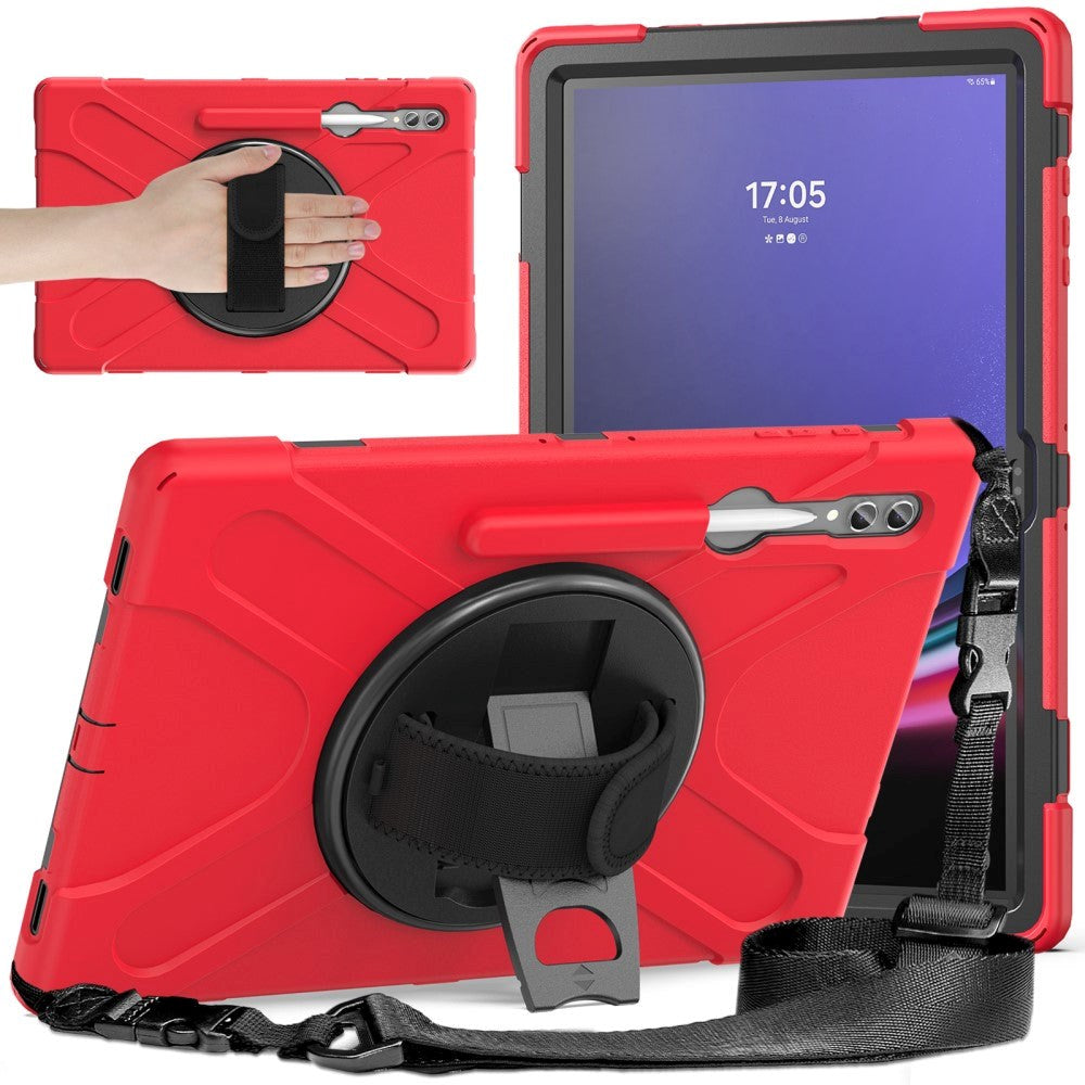 Samsung Galaxy Tab S9 Ultra / S8 Ultra Håndværker Bagside Cover m. Håndholder, Kickstand, Pencil Holder & Skulderstrop - Rød / Sort