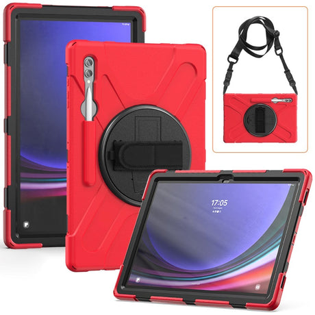 Samsung Galaxy Tab S9 Ultra / S8 Ultra Håndværker Bagside Cover m. Håndholder, Kickstand, Pencil Holder & Skulderstrop - Rød / Sort