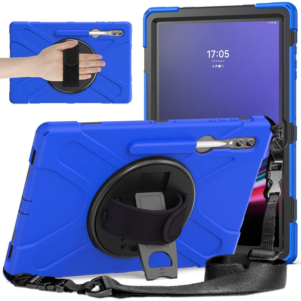 Samsung Galaxy Tab S9 Ultra / S8 Ultra Håndværker Bagside Cover m. Håndholder, Kickstand, Pencil Holder & Skulderstrop - Blå / Sort