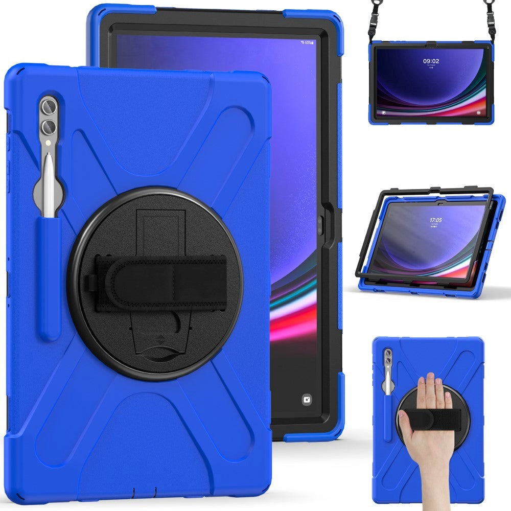 Samsung Galaxy Tab S9 Ultra / S8 Ultra Håndværker Bagside Cover m. Håndholder, Kickstand, Pencil Holder & Skulderstrop - Blå / Sort