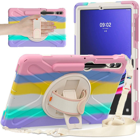 Samsung Galaxy Tab S9+ / S8+ / S7+ (Plus) / S7 FE Håndværker Bagside Cover m. Håndholder, Kickstand, Pencil Holder & Skulderstrop - Pink / Multi