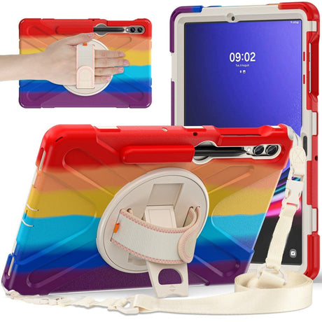 Samsung Galaxy Tab S9+ / S8+ / S7+ (Plus) / S7 FE Håndværker Bagside Cover m. Håndholder, Kickstand, Pencil Holder & Skulderstrop - Rød / Multi