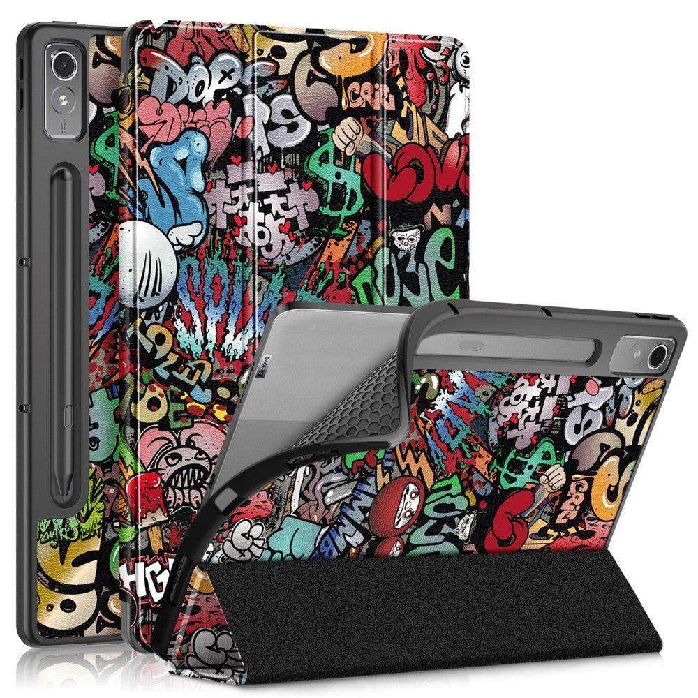 Lenovo Tab P12 Tri-Fold Kunstlæder Flip Cover m. Pen Holder - Graffiti