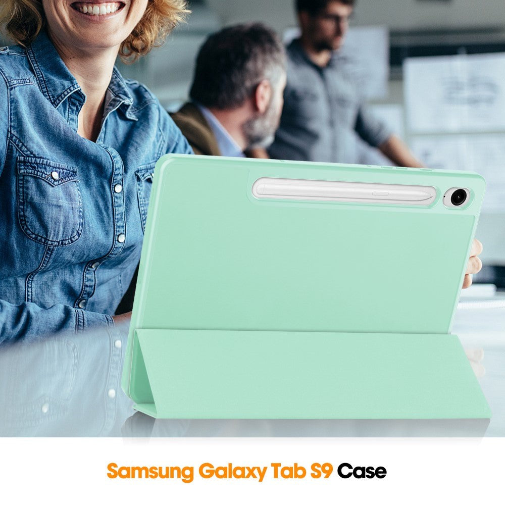 Samsung Galaxy Tab S9 FE Magnetisk Tri-Fold Læder Flip Cover m. Pencil Holder - Mintgrøn