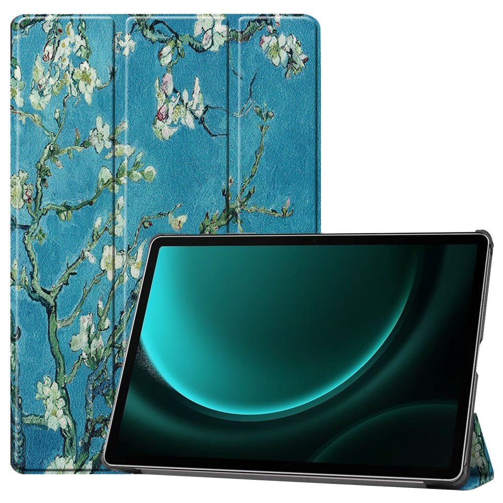 Samsung Galaxy Tab S9 FE+ (Plus) Tri-Fold Kunstlæder Flip Cover m. Pen Holder - Blomstergrene