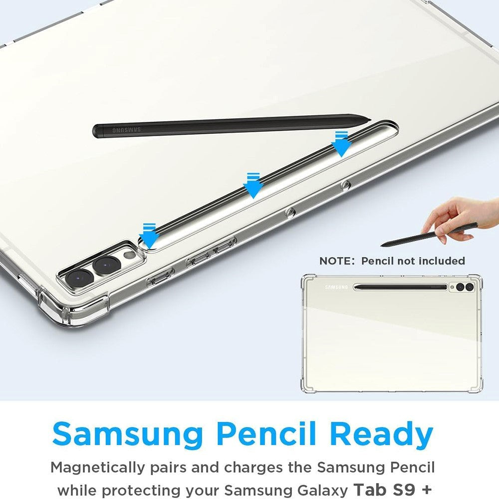 Samsung Galaxy Tab S9 FE+ (Plus) Fleksibelt Plastik Bagside Cover m. Pencil Holder - Gennemsigtig