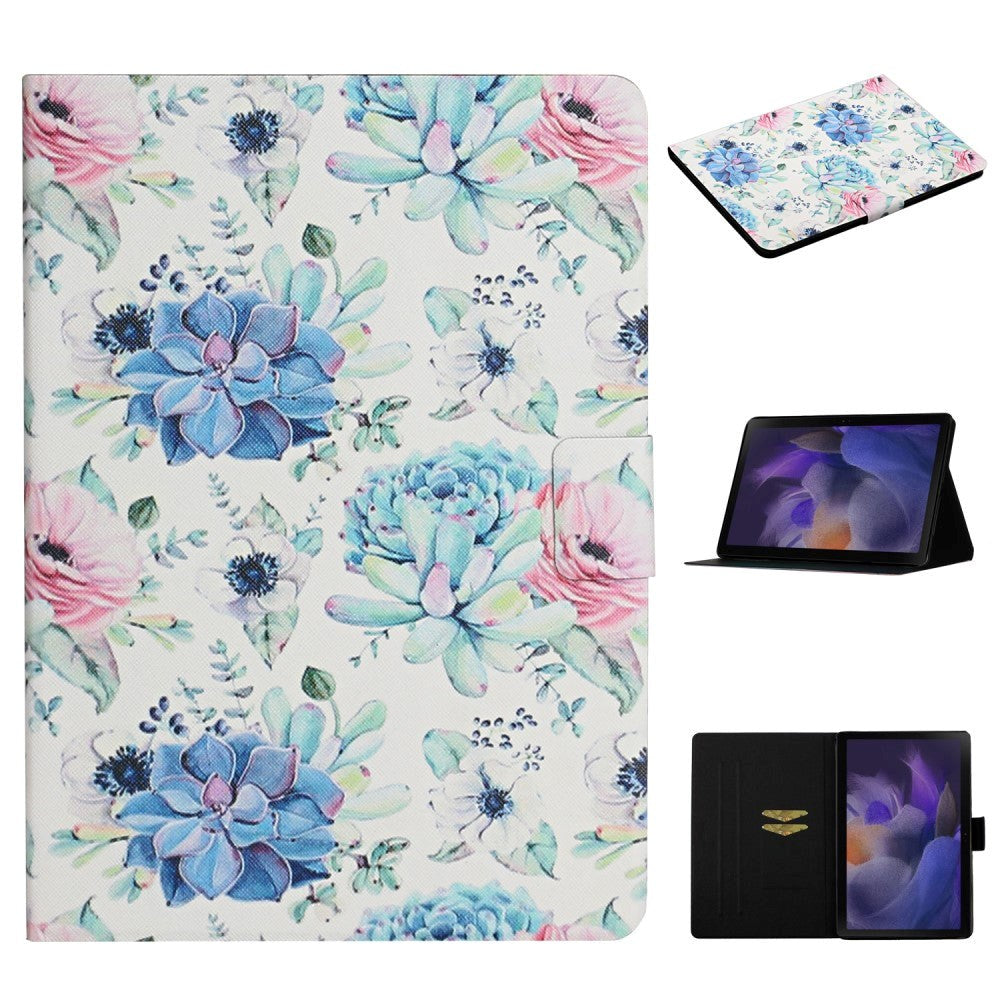 Samsung Galaxy Tab A9 Læder Flip Cover m. Ståfunktion & Kortholder - Hvid / Blå Blomster